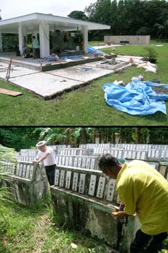 (上)厚生労働省により進められているカリラヤ慰霊園の補修工事。(下)比島寺で慰霊碑の汚れを落とす比戦没者慰霊碑保存協会の会員ら