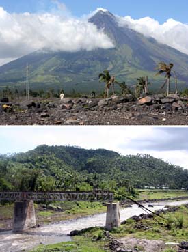ダラガ町のカグサワ教会跡を囲んで広がる泥流被災地(上)。ギノバタン町タガイタイ川に掛かる国鉄南方線の鉄橋は泥流に押し流されたまま