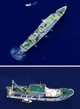 アミダグラス礁周辺海域で5月21日に撮影された中国艦船=比外務省提供