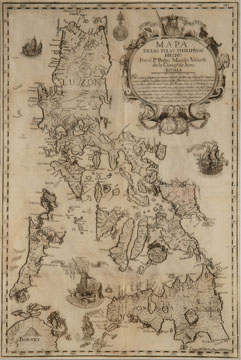 スペイン統治下の1734年に作成された比地図に「パナコット」の名で描かれたスカーボロ礁(丸印)=メトロポリタン美術館提供