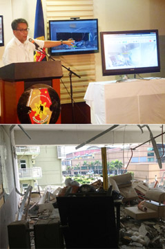 爆発原因について説明するロハス内務自治長官=7日午後0時15分ごろ、国家警察本部で写す(上)。爆発の起きた部屋内部=国家警察提供