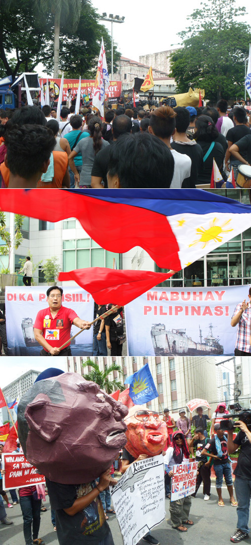 補助金不正流用事件の抗議集会に集まった参加者=12日午後4時ごろ、首都圏マニラ市中央郵便局前で写す(上)。中国大使館前で比国旗を振る集会参加者=12日午前9時ごろ、首都圏マカティ市で写す(中)。アキノ大統領とオバマ米大統領のはりぼてをかぶってデモ行進する参加者=12日正午ごろ、首都圏マニラ市TMカラウ通りで写す(下)