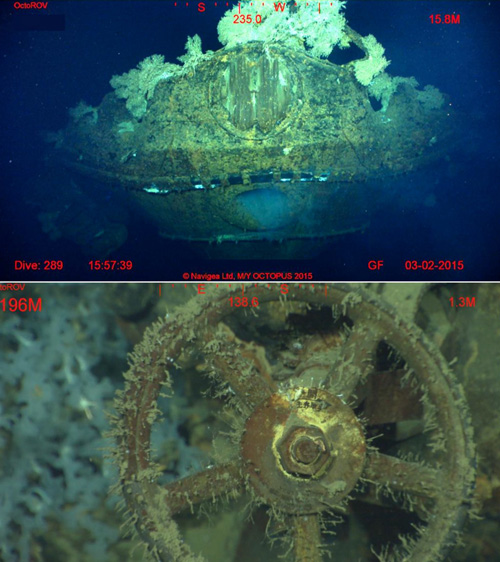 (上)ラン氏が「菊の紋章の入った船首と巨大ないかり」と説明した船首部分。(下)「主弁取手」など日本語表記が見えるバルブ開閉用ハンドル=同氏投稿