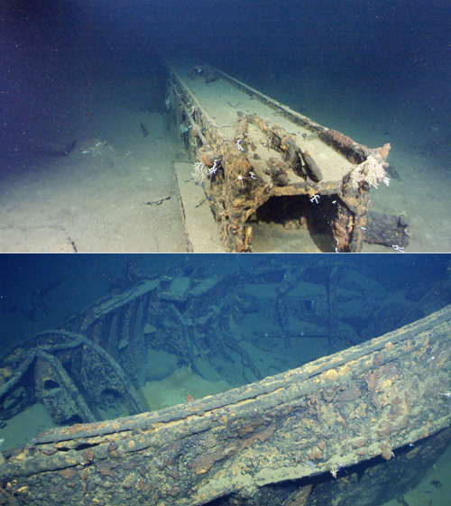 (上)カタパルトのレール部分、(下)高角砲付近=アレン氏公開の動画から