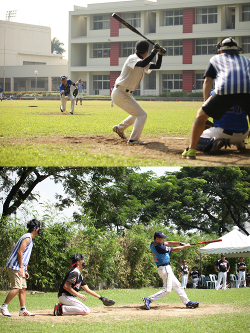上:準決勝第1試合、春光会は予選1位の優勝候補Two Wheelers を下す=6日午前8時、首都圏タギッグ市のマニラ日本人学校グラウンドでモンティ・シ撮影 下:りま組は長打を集中して接戦を制した=6日午前11時、首都圏タギッグ市のマニラ日本人学校グラウンドでモンティ・シ撮影