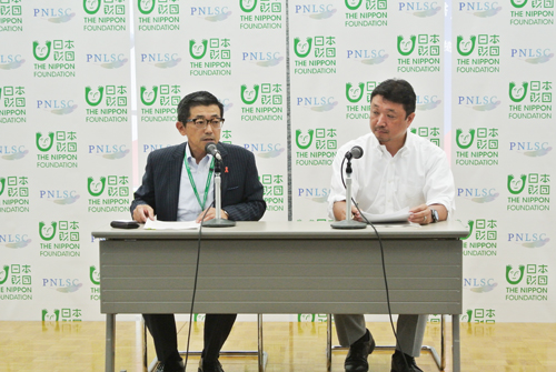 東京都港区で記者会見を開いた日本財団とNPO法人PNLSC=日本財団提供