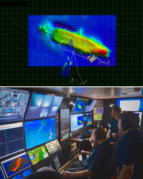 (上)マルチビーム測深機で計測し作成された戦艦山城の画像。(下)調査船「ペトレル」号で調査を行う米国の探査チーム=調査船「ペトレル」号のフェイスブックページより