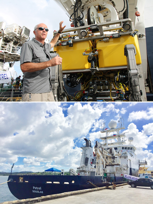 (上)遠隔操作潜水艇(ROV)や調査の説明をする同号調査員のポール・メイヤー氏=7日午後3時ごろ、ミンダナオ地方スリガオ港で停泊中のペトレル号で冨田すみれ子撮影。(下)海底探査に使われたペトレル号=7日午後1時半ごろ、ミンダナオ地方スリガオ港で冨田すみれ子撮影