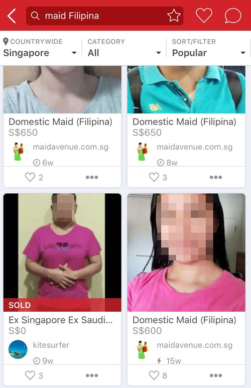 フリマアプリ「カルーセル」で「メイド フィリピーナ」と検索し、比人家政婦の出品が表示された画面(写真の一部を加工しています)=19日、伊藤明日香撮影