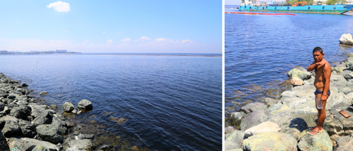 水が澄み、きれいになったマニラ湾(左)/マニラ湾で泳ぐ男性(右)=(写真は2枚とも1日午前、首都圏で石山永一郎撮影)
