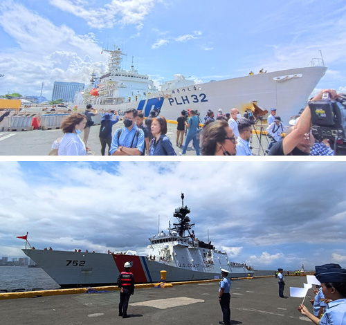 首都圏マニラ市に到着した巡視船あきつしま(上)と巡視船USCGCストラットン(下)=マニラ市南港で1日午前、竹下友章撮影