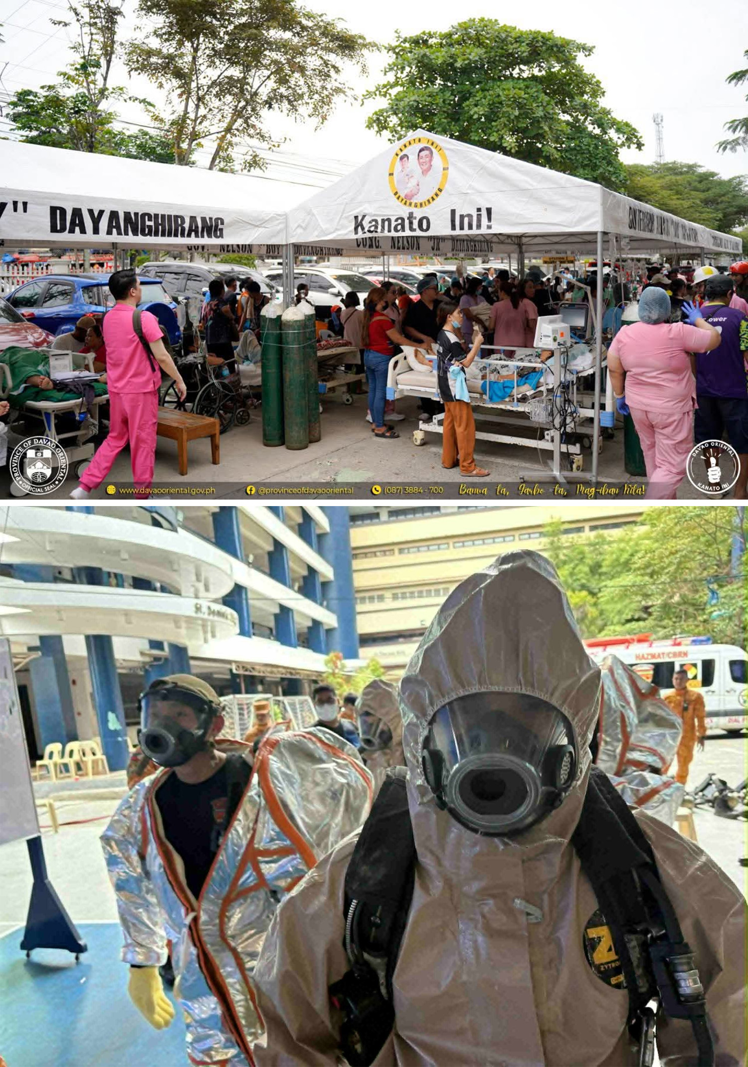 (上)屋外に設けられた緊急治療所=10日、東ダバオ州公式SNS。(下)大学で発生した化学物質の流失事故対応のため出動する同市消防局職員=10日、ダバオ市消防局公式SNS