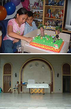 5歳の誕生日を祝ってもらうショウ君(右)=写真上。火葬場に安置された日本人男性のひつぎ=写真下