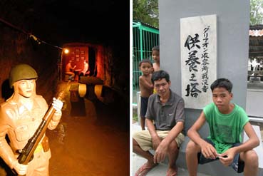 日本兵の等身大人形が銃を構えるトンネル‖左、ダリアオン収容所戦没者供養之塔と墓守のラビロ君(右端)‖右