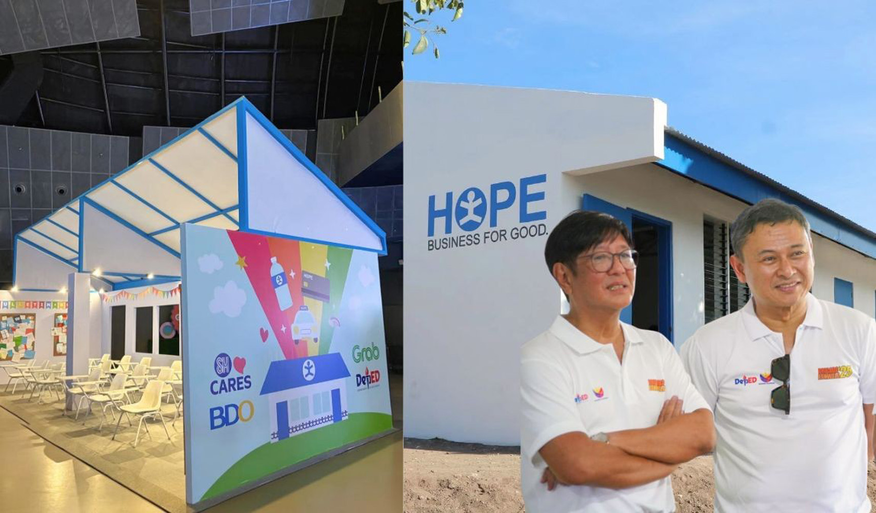 飲用水販売や慈善事業に取り組むホープ社と提携した新プロジェクトで設置されるモデル教室。写真右はマルコス大統領とアンガラ教育相=教育省プレスリリースより